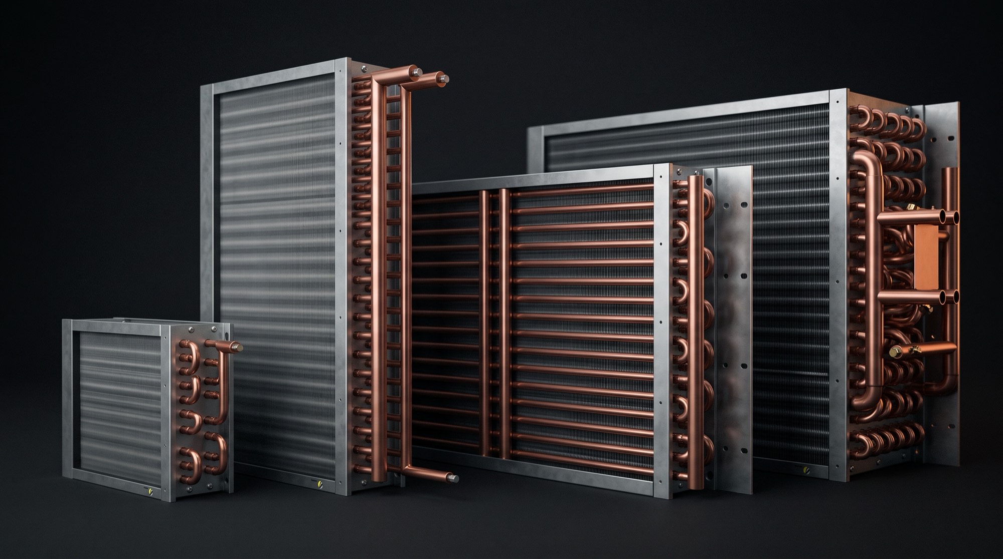 Gamme de batteries à ailettes de différentes tailles alignées en atelier