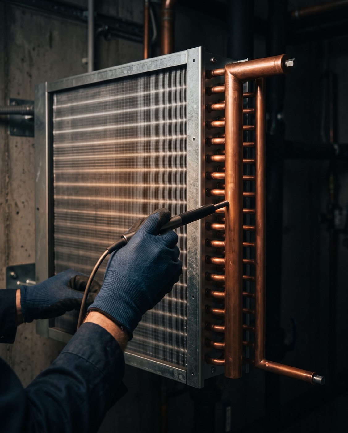Technicien relevant les performances d'une batterie à ailettes avec une sonde de mesure
