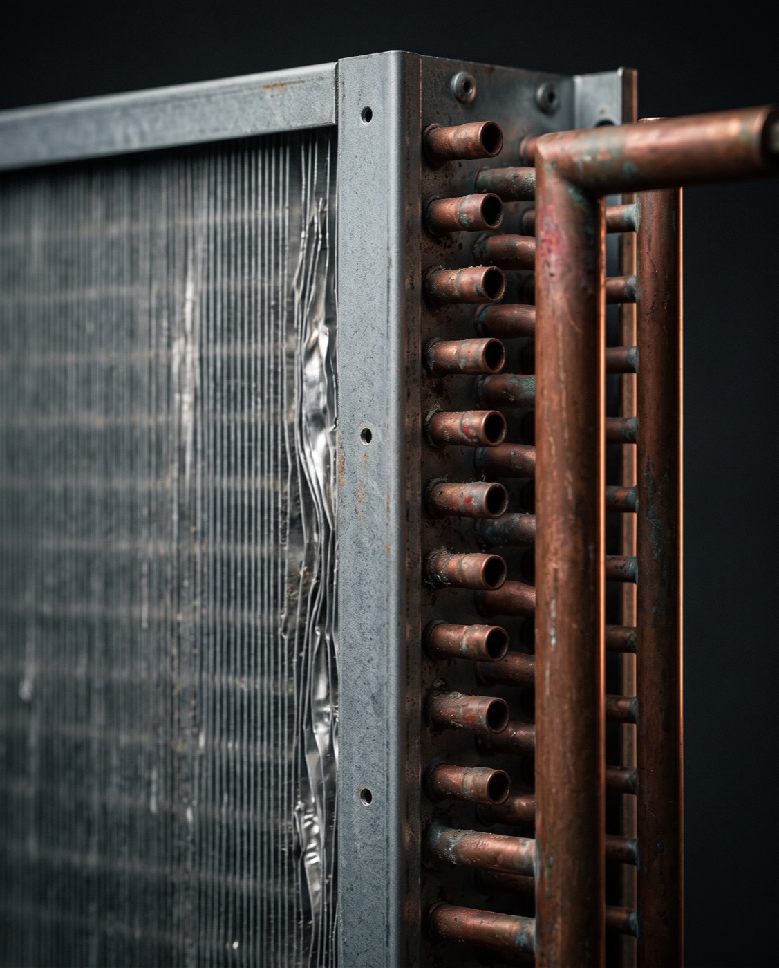 Tubes cuivre oxydés et ailettes déformées sur une batterie en fin de vie
